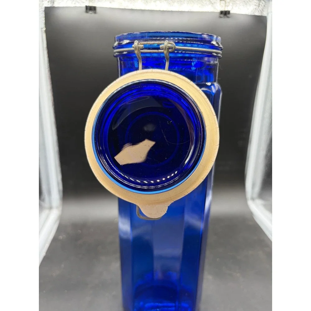Vintage Cobalt Blue Glass Canister Octagonal Faceted Jar Wire Bale Swing Top Lid